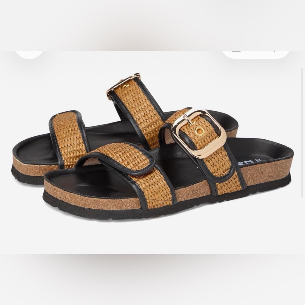 NWT NAOT Nashville Black Leather Brown Raffia Sandals with Buckle Velcro Cork